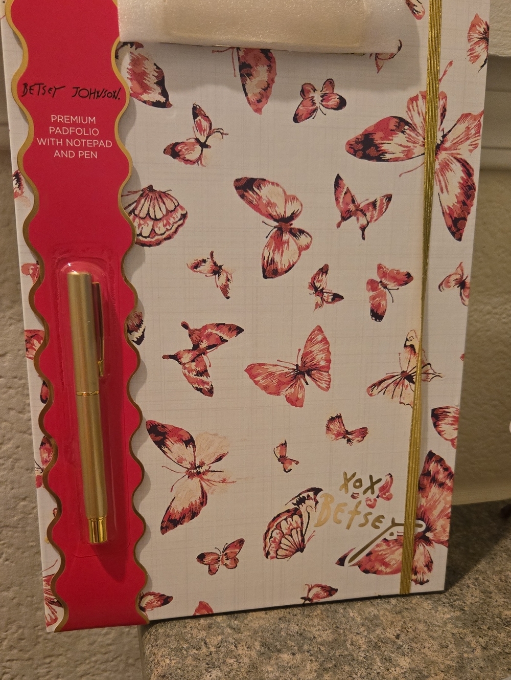 Betsey Johnson Pink Butterfly Padfolio with Gold Pen New